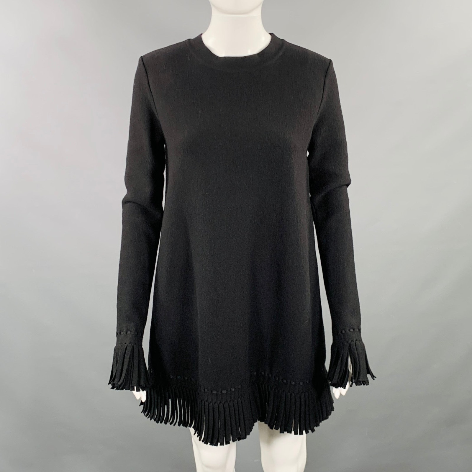 Alaia Size 6 Black Wool Blend Fringe Trim Mini Dress
